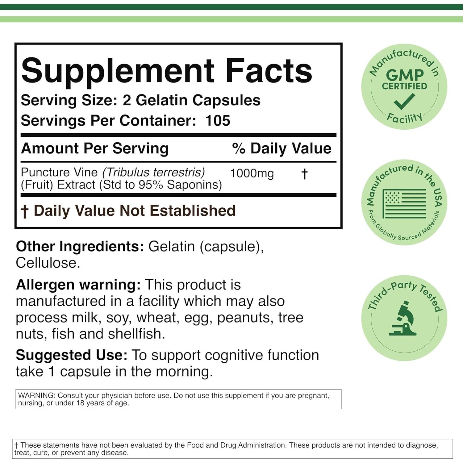Tribulus Terrestris Double Wood 210 Cápsulas 95% Saponinas