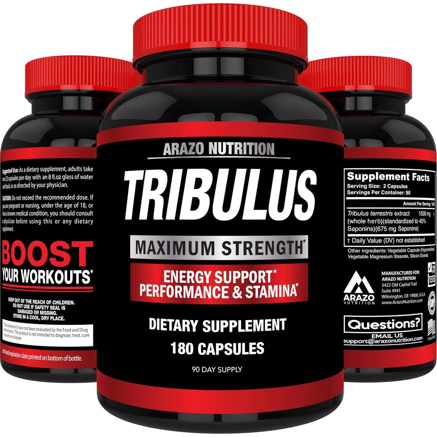 Arazo Nutrition Tribulus Terrestris 1500mg - 180 Cápsulas Aumentador de Energía