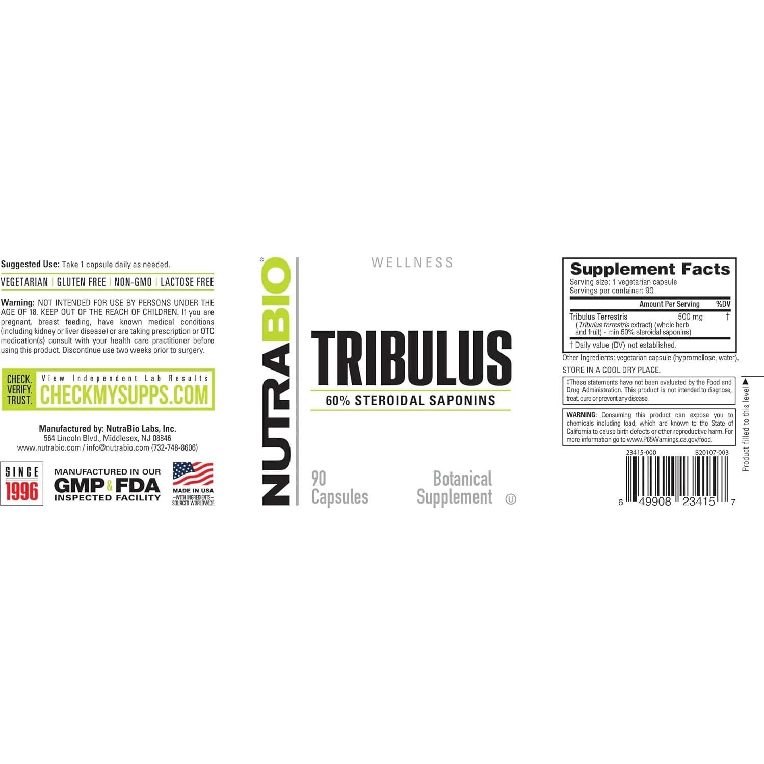 Suplemento Tribulus Terrestris NutraBio 500mg 90 Cápsulas
