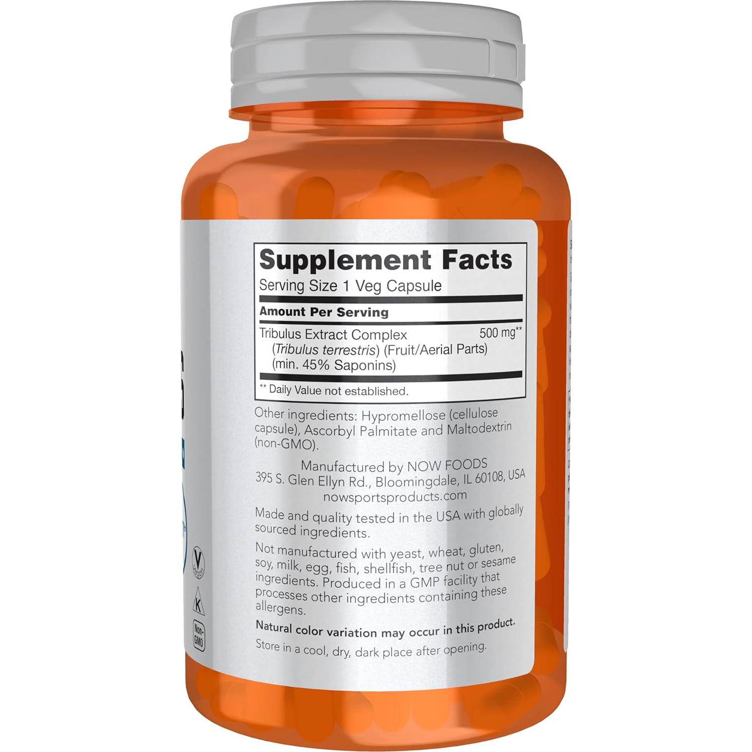Suplemento Tribulus NOW Foods 500 mg 100 Cápsulas Veganas