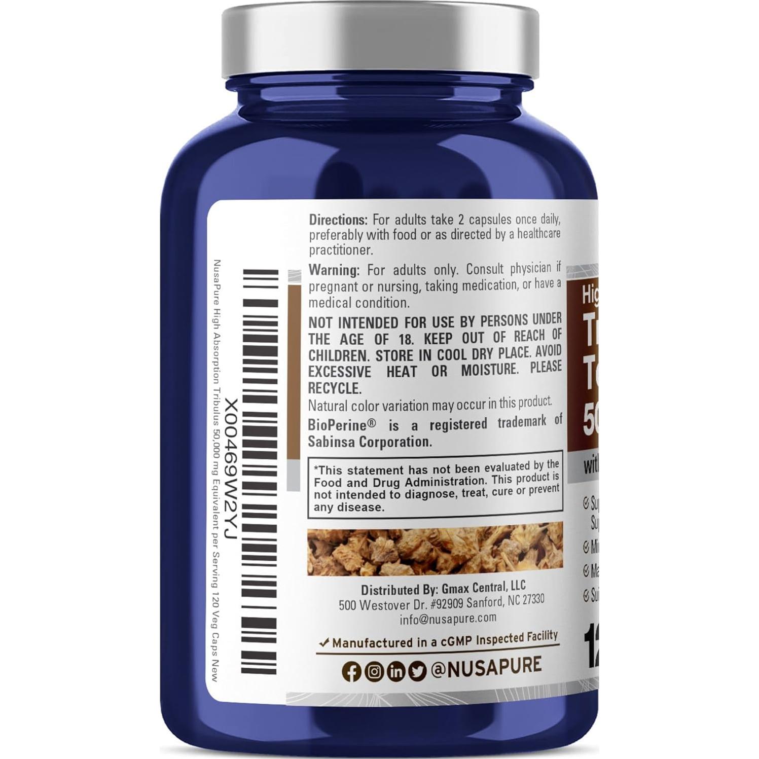 NusaPure Extracto de Tribulus Terrestris 1000 mg 120 Cápsulas