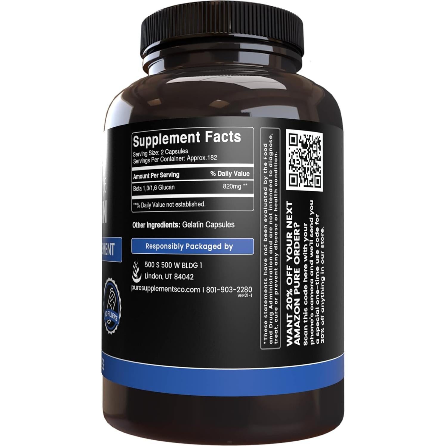 Cápsulas de Beta Glucano 1,3/1,6 Puras 365 Unidades - Ingredientes Orgánicos Puros