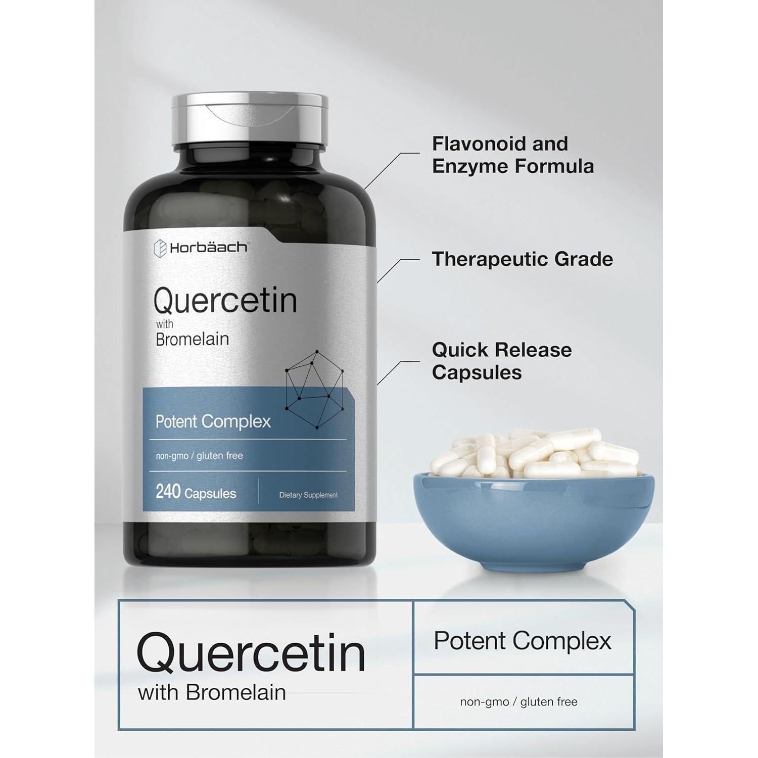 Suplemento Quercetina y Bromelina Horbäch | 240 Cápsulas | Sin OGM y Gluten