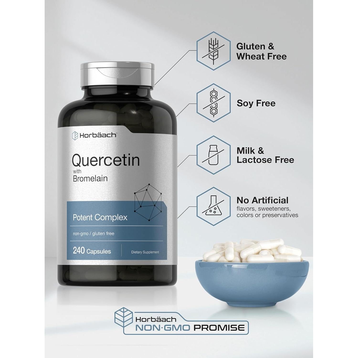 Suplemento Quercetina y Bromelina Horbäch | 240 Cápsulas | Sin OGM y Gluten