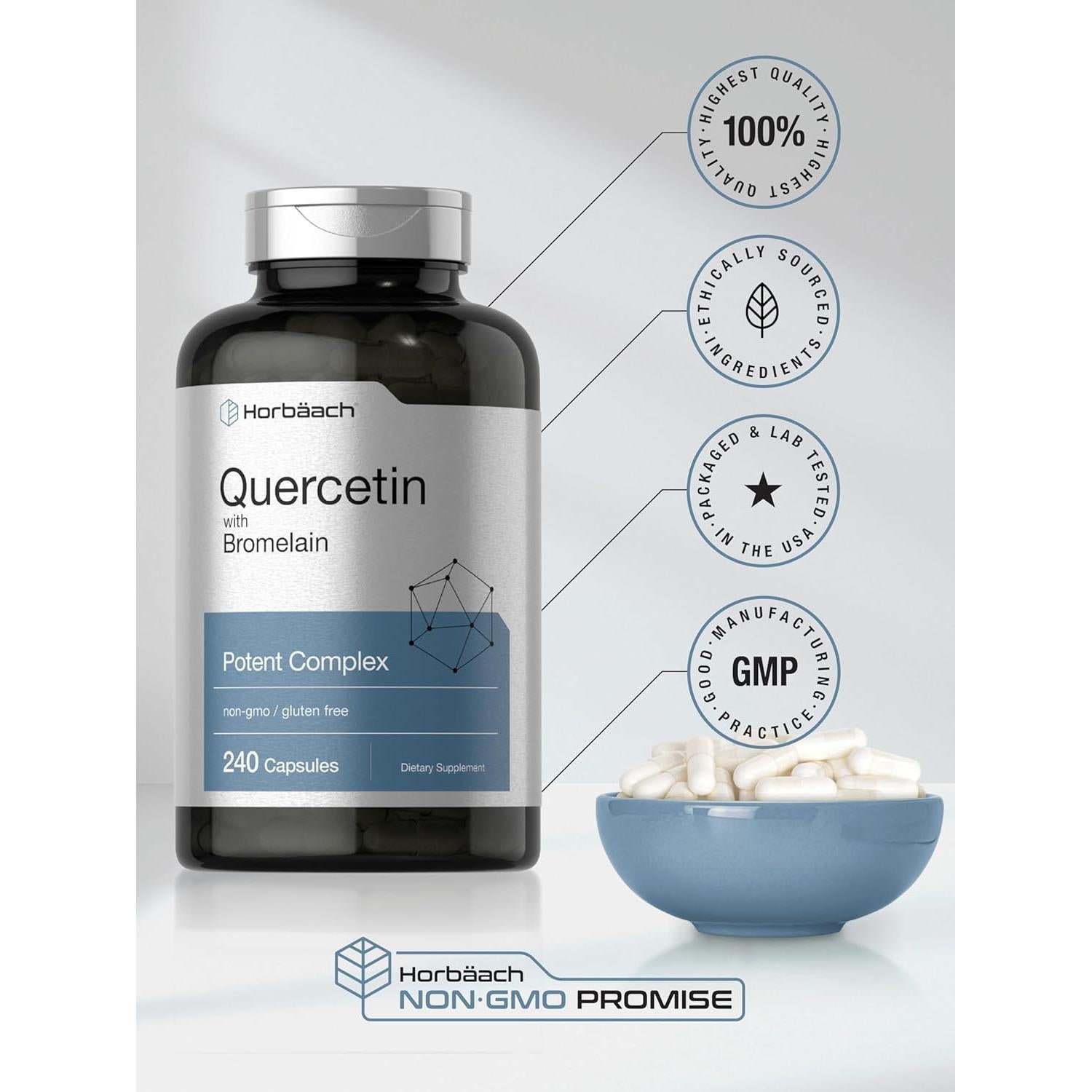 Suplemento Quercetina y Bromelina Horbäch | 240 Cápsulas | Sin OGM y Gluten