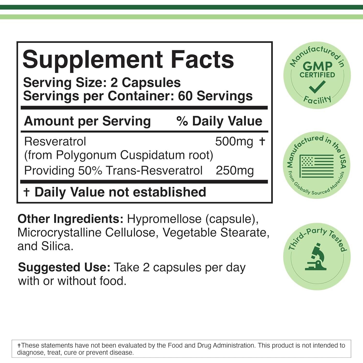 Suplemento de Resveratrol 500mg Double Wood 120 Cápsulas