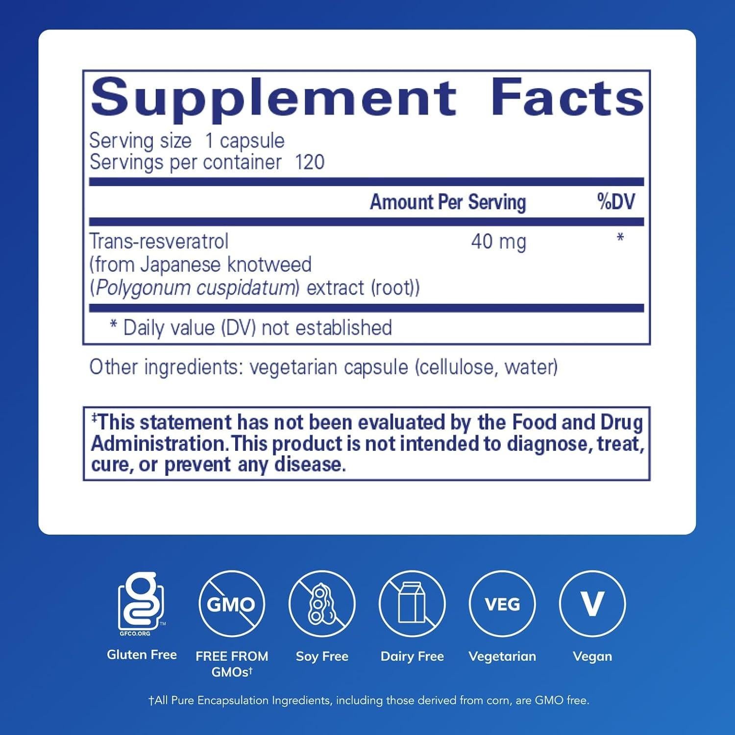 Suplemento Antioxidante Pure Encapsulations Resveratrol 40 mg - 120 Cápsulas