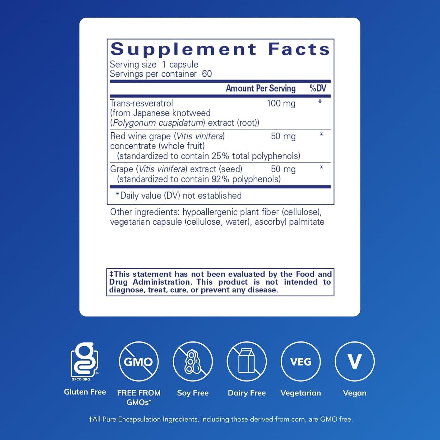 Suplemento Antioxidante Resveratrol EXTRA Pure Encapsulations 100 mg - 60 Cápsulas