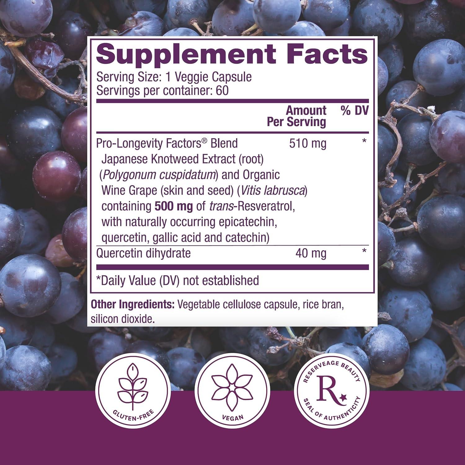 Suplemento Antioxidante Reserveage Resveratrol 500 mg 60 Cápsulas