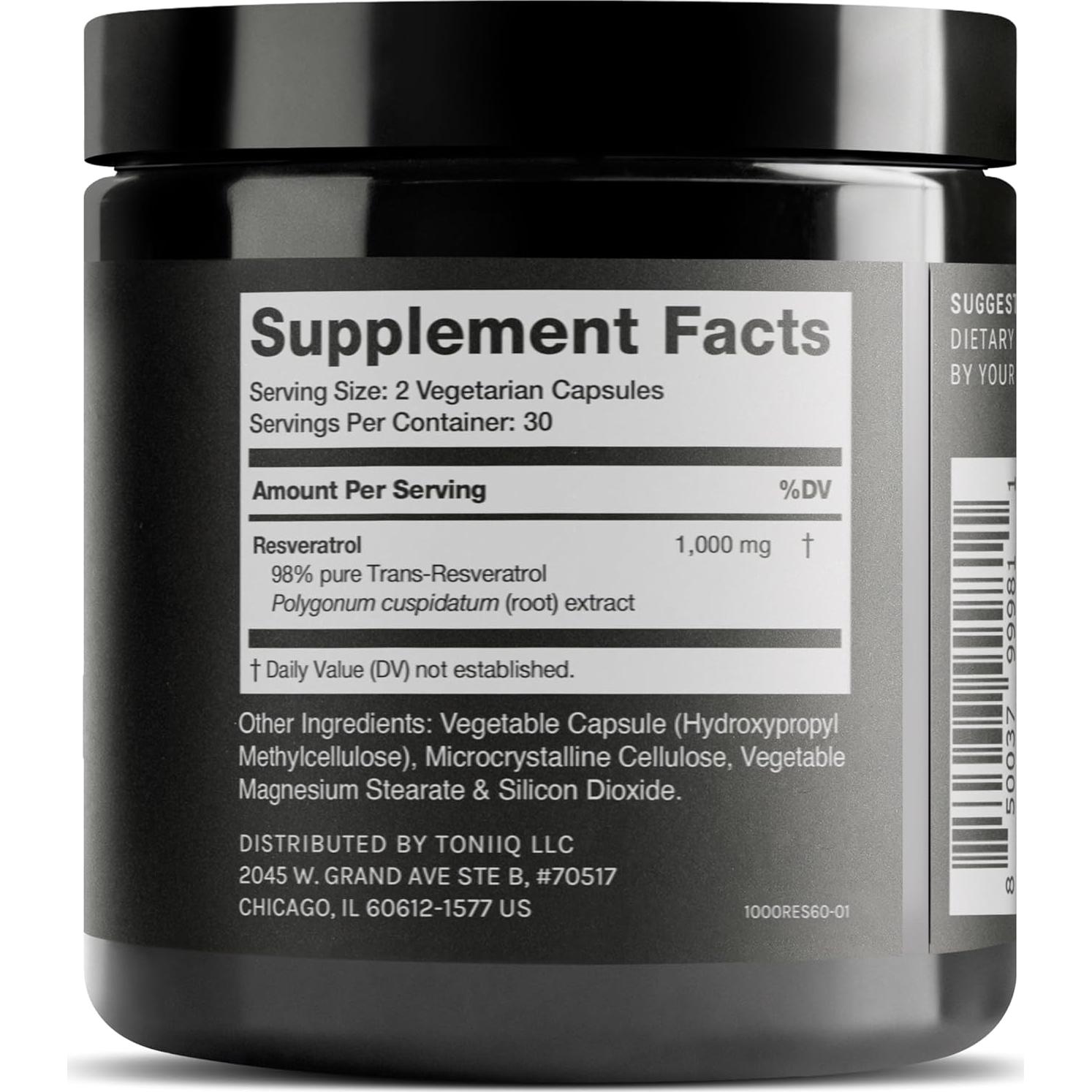 Suplemento de Resveratrol 1000mg Toniiq - 98% Puro - 60 Cápsulas