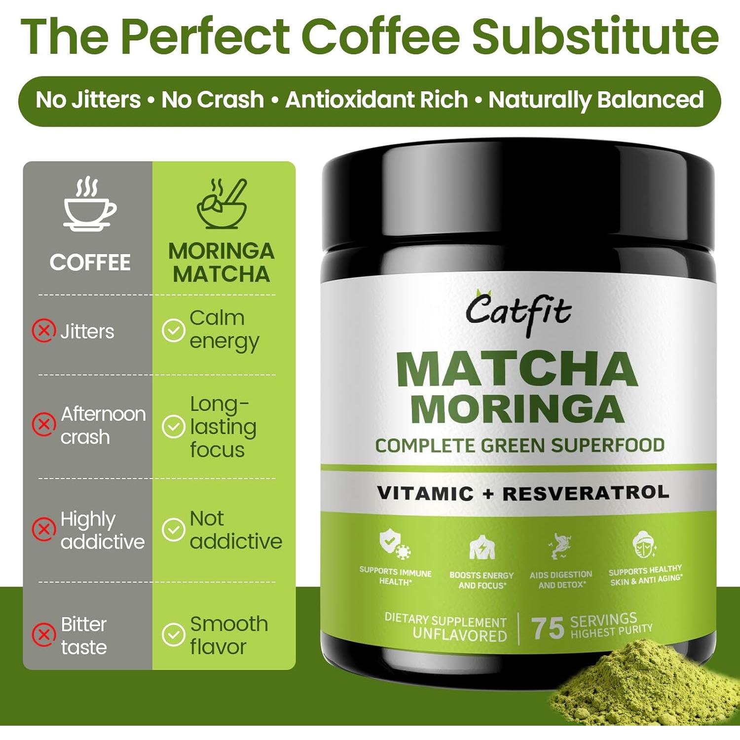 Polvo de Matcha Catfit 227g - Superalimento con Moringa y Té Verde