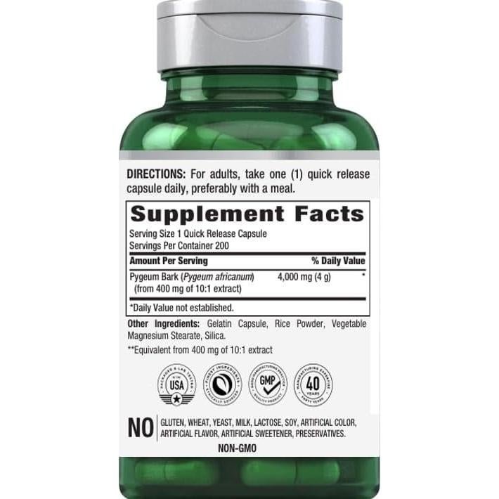 Suplemento de Pygeum Piping Rock 4000 mg - 200 Cápsulas