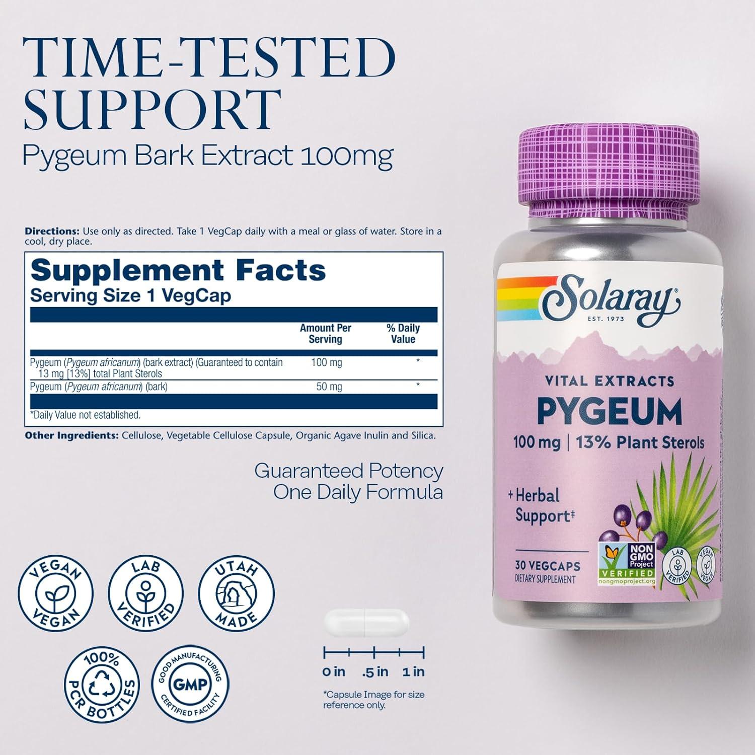 Extracto de Pygeum Solaray 100mg - Soporte Próstata Vegano 30 Caps