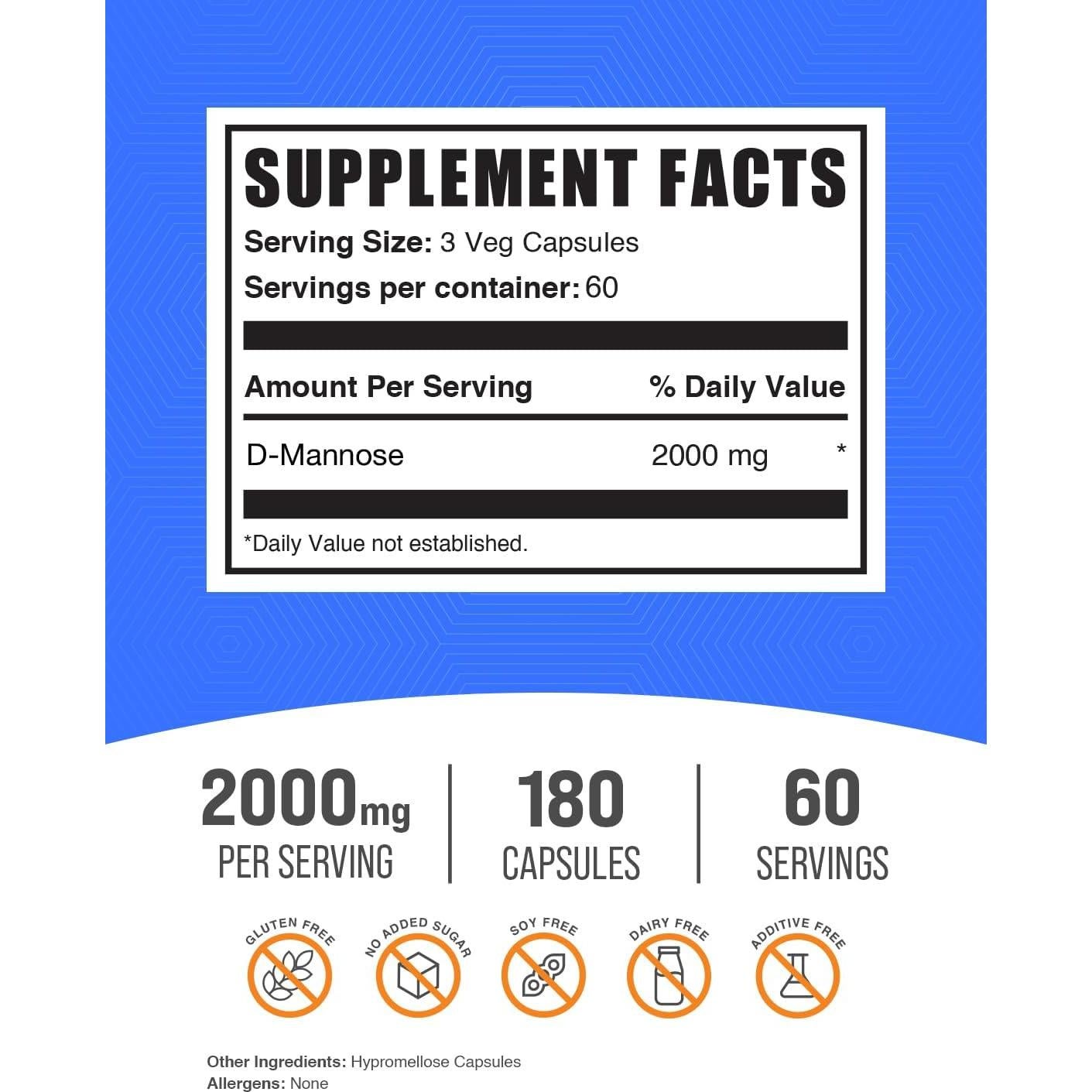 Cápsulas de D-Mannose BulkSupplements 2000mg - 180 unidades