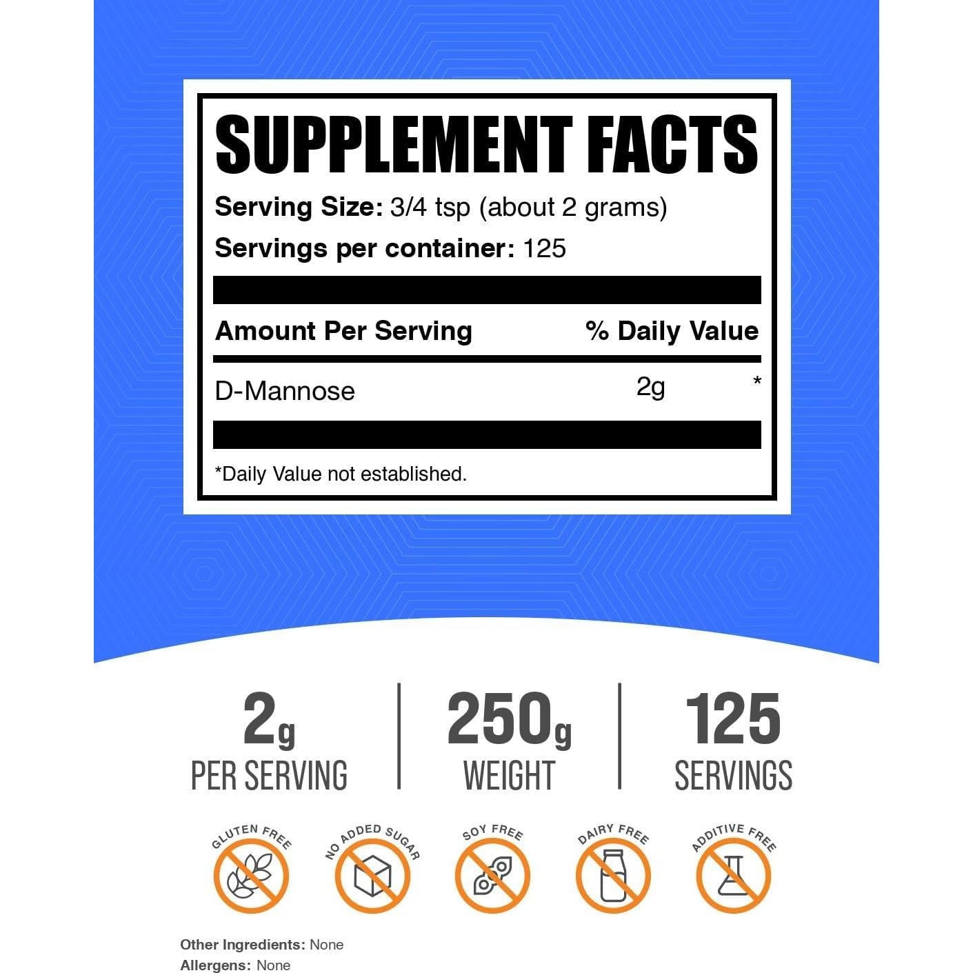 Polvo de D-Mannosa BulkSupplements 250g - Suplemento Salud Urinaria