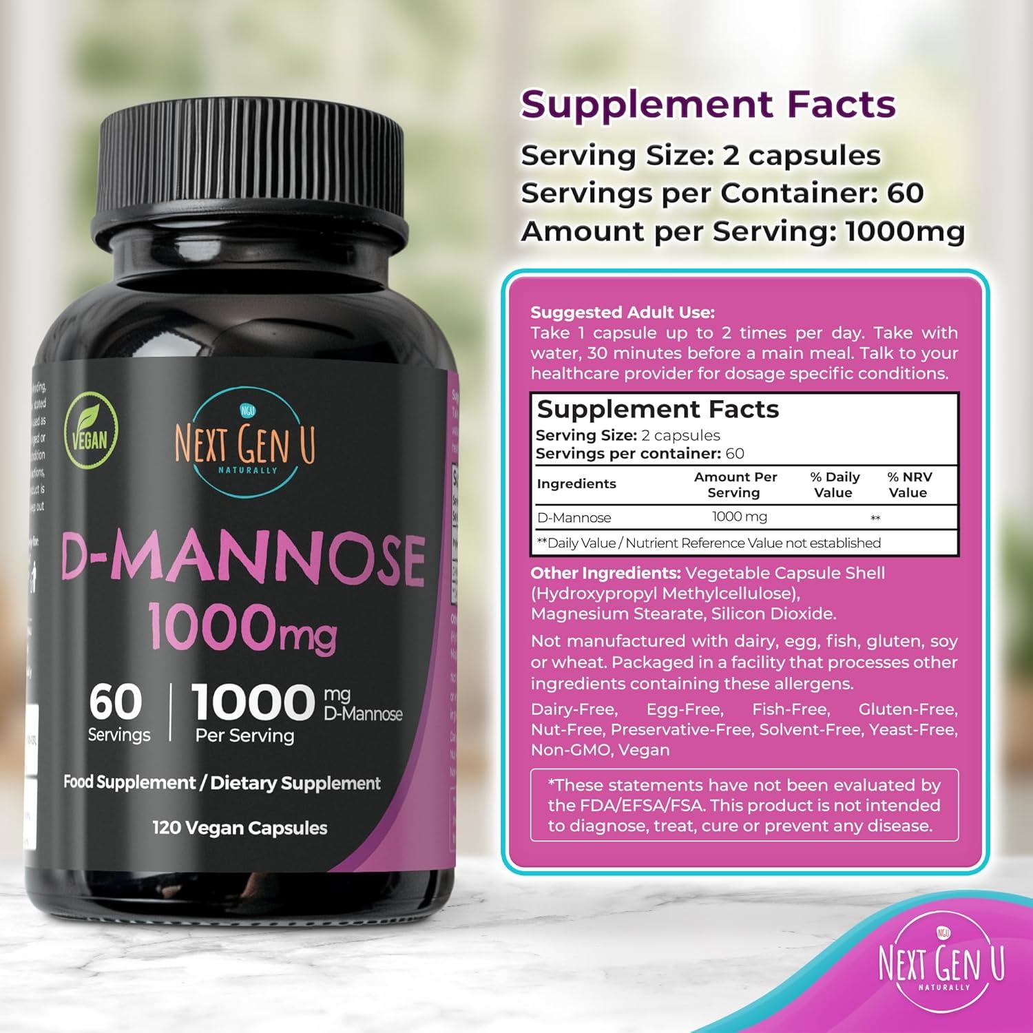 D-Mannose 1000 mg NextGenU - 120 Tabletas Veganas para Salud Urinaria