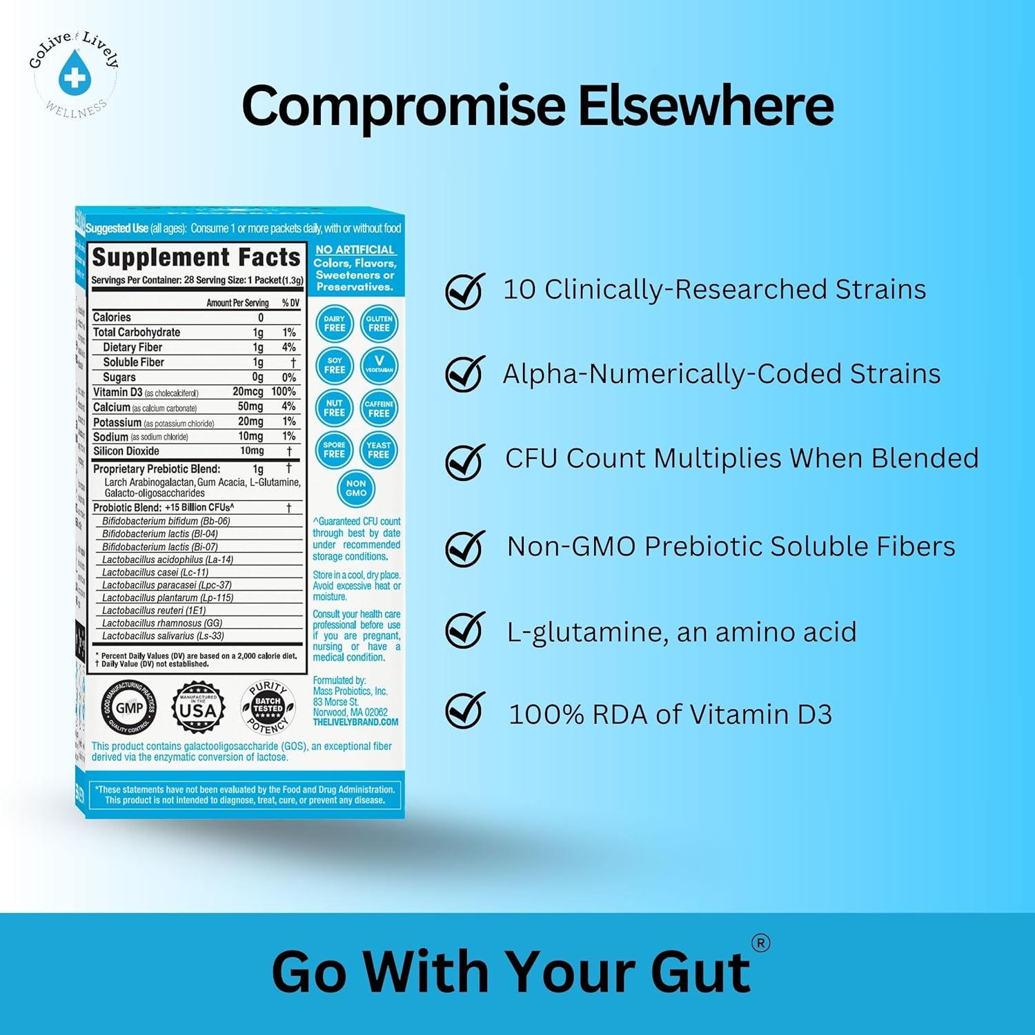 GoLive Probiotico Sin Sabor 28 Paquetes 15B CFUs Salud Intestinal