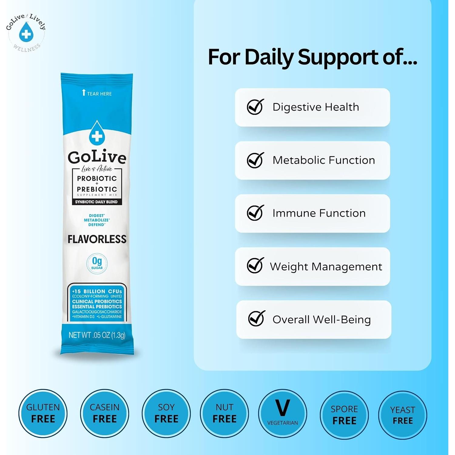 GoLive Probiotico Sin Sabor 28 Paquetes 15B CFUs Salud Intestinal
