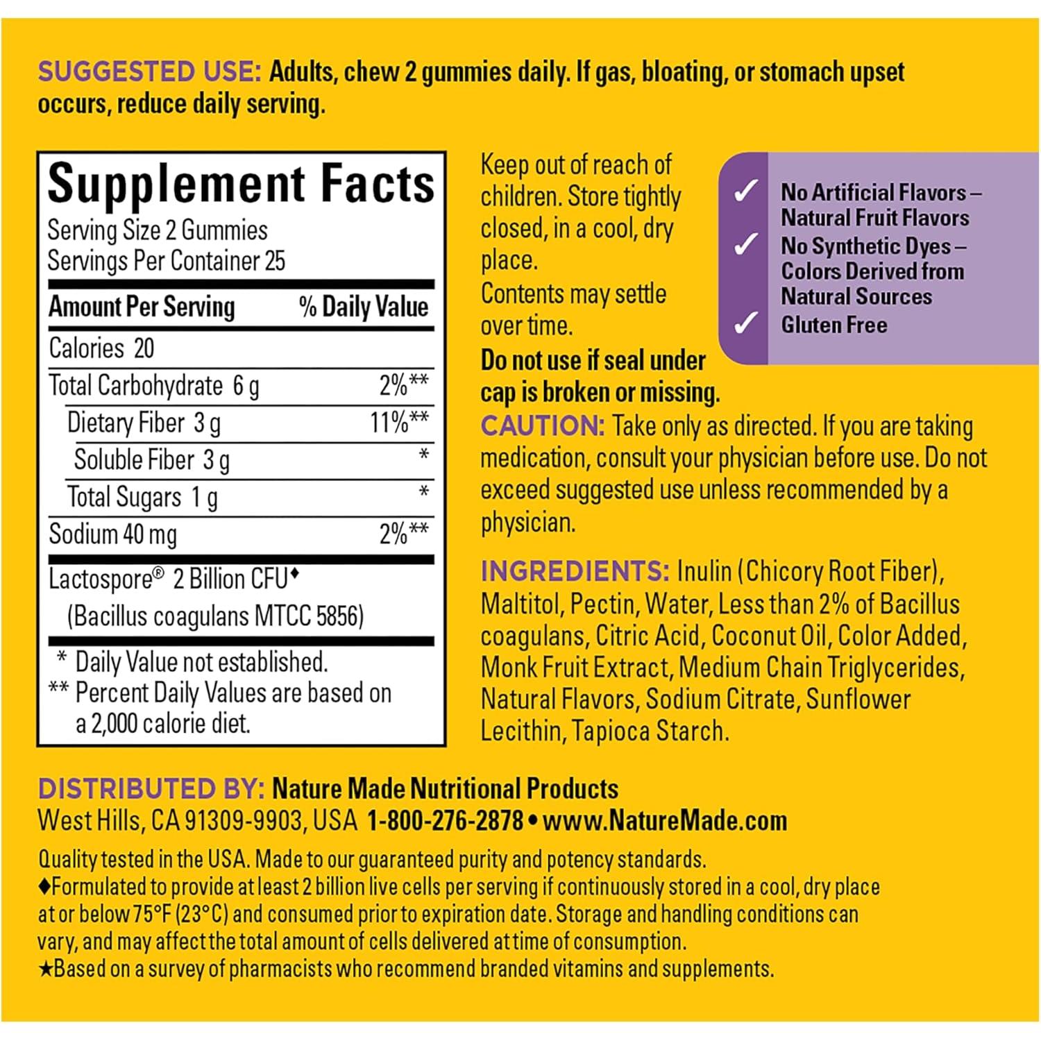 Gomitas de fibra prebiotica y probiotica Nature Made 50 unidades
