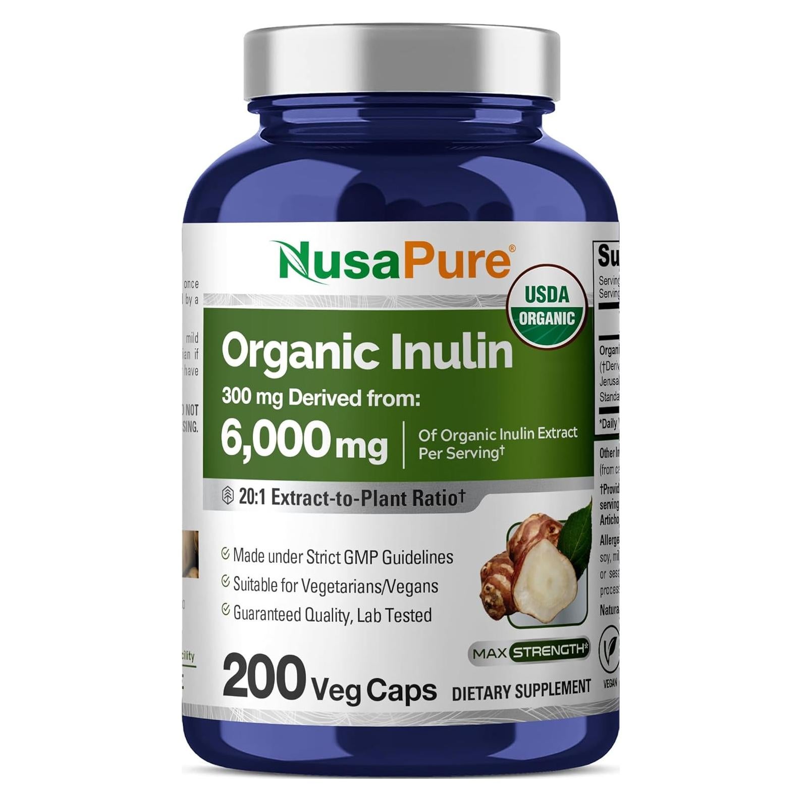 NusaPure Polvo de Inulina Orgánica 300 mg - 200 Cápsulas Veganas