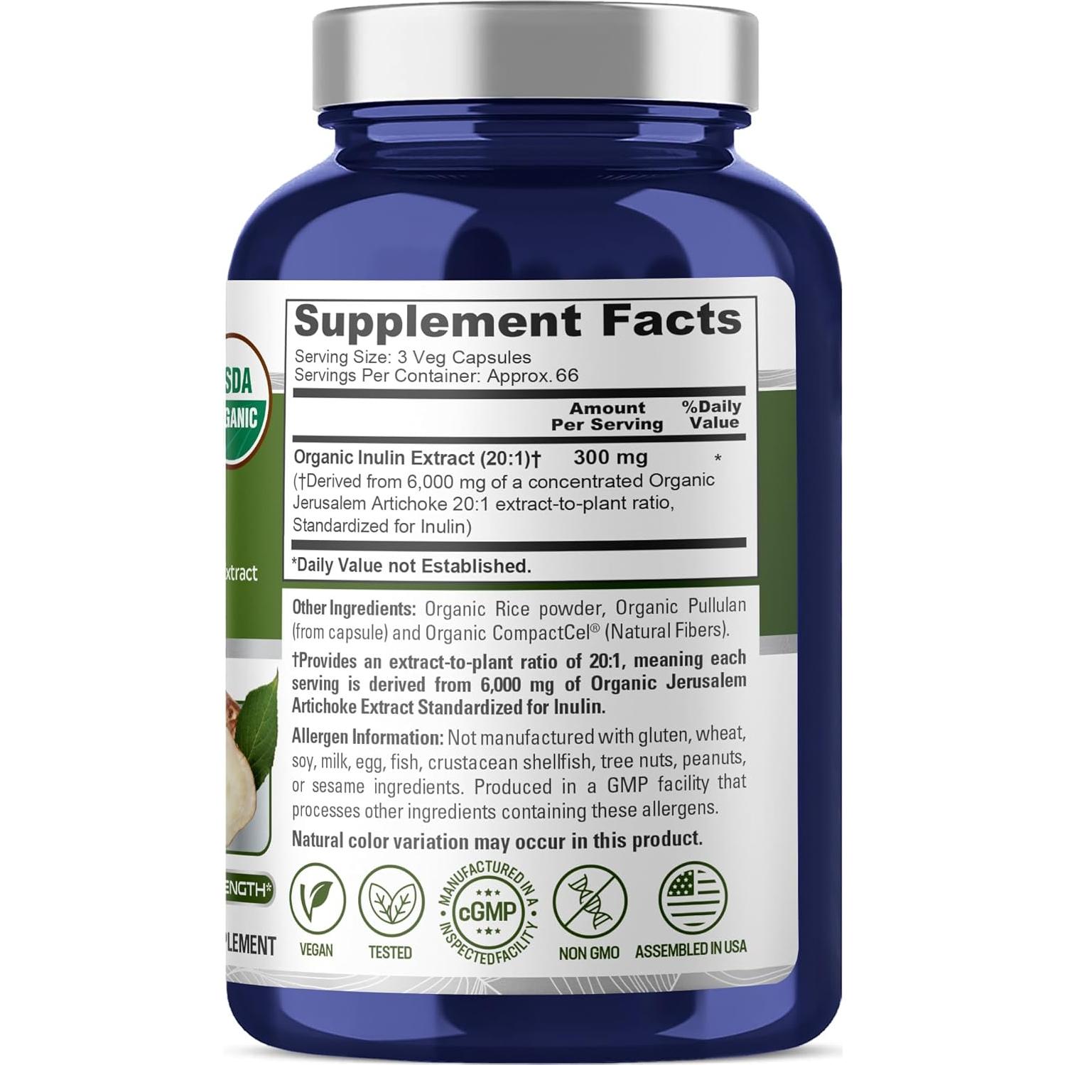 NusaPure Polvo de Inulina Orgánica 300 mg - 200 Cápsulas Veganas