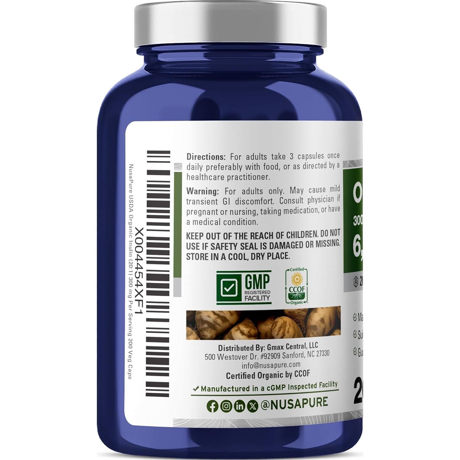 NusaPure Polvo de Inulina Orgánica 300 mg - 200 Cápsulas Veganas