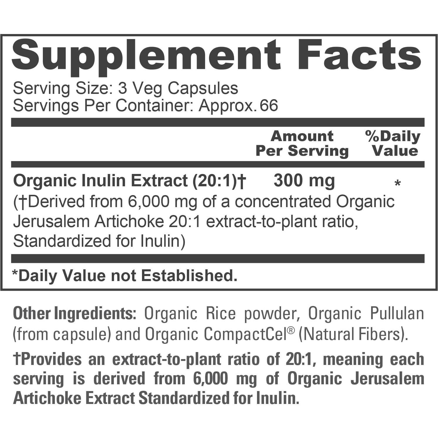 NusaPure Polvo de Inulina Orgánica 300 mg - 200 Cápsulas Veganas