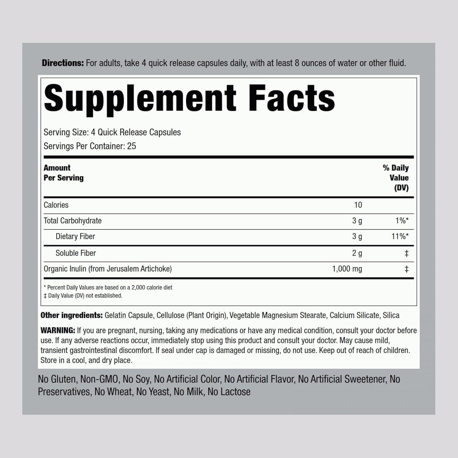 Cápsulas de Inulina Orgánica Piping Rock 1000 mg - 100 Unidades