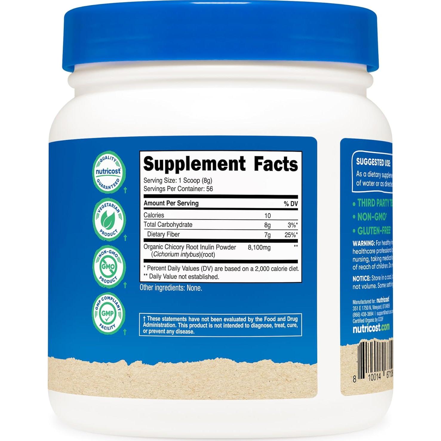 Polvo de Inulina Orgánica Nutricost 454g - 7g de Fibra