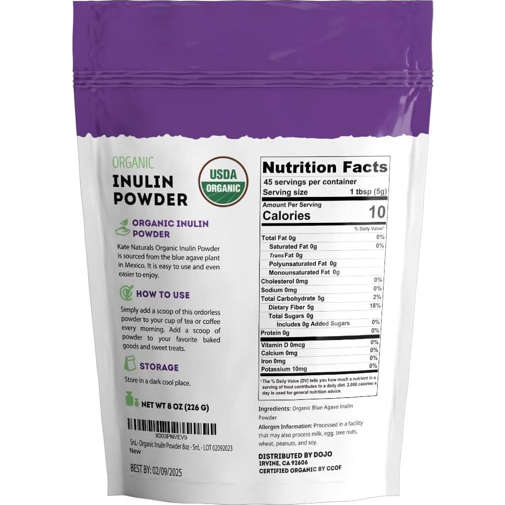 Polvo de Inulina Orgánica Kate Naturals 226.8g Fibra Prebiótica
