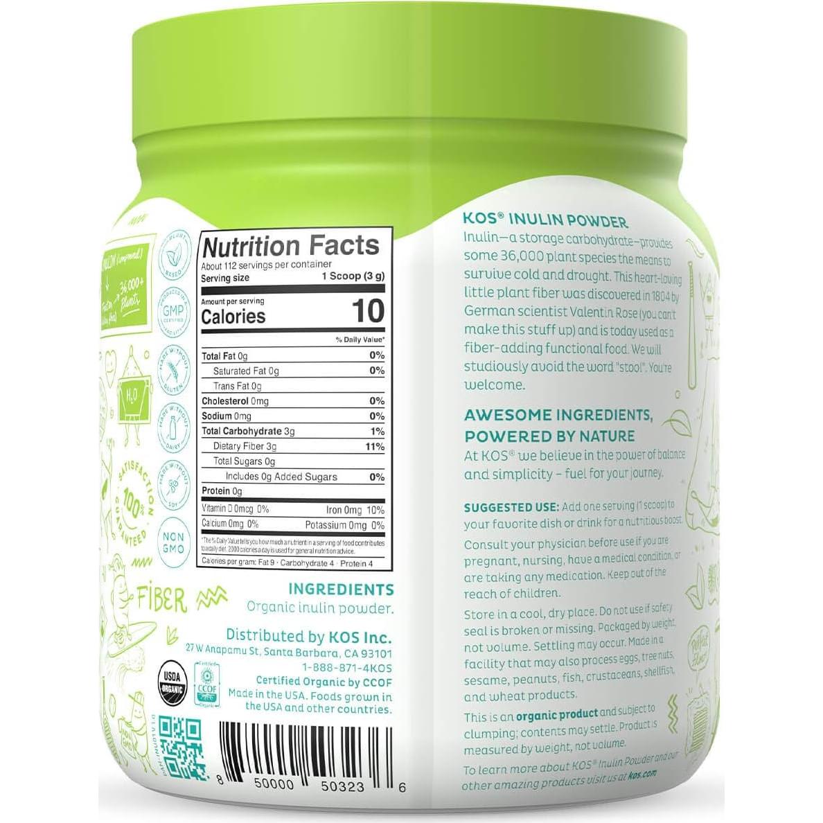 Polvo de Inulina Orgánica KOS 335g - Prebiótico Vegano Sin Sabor