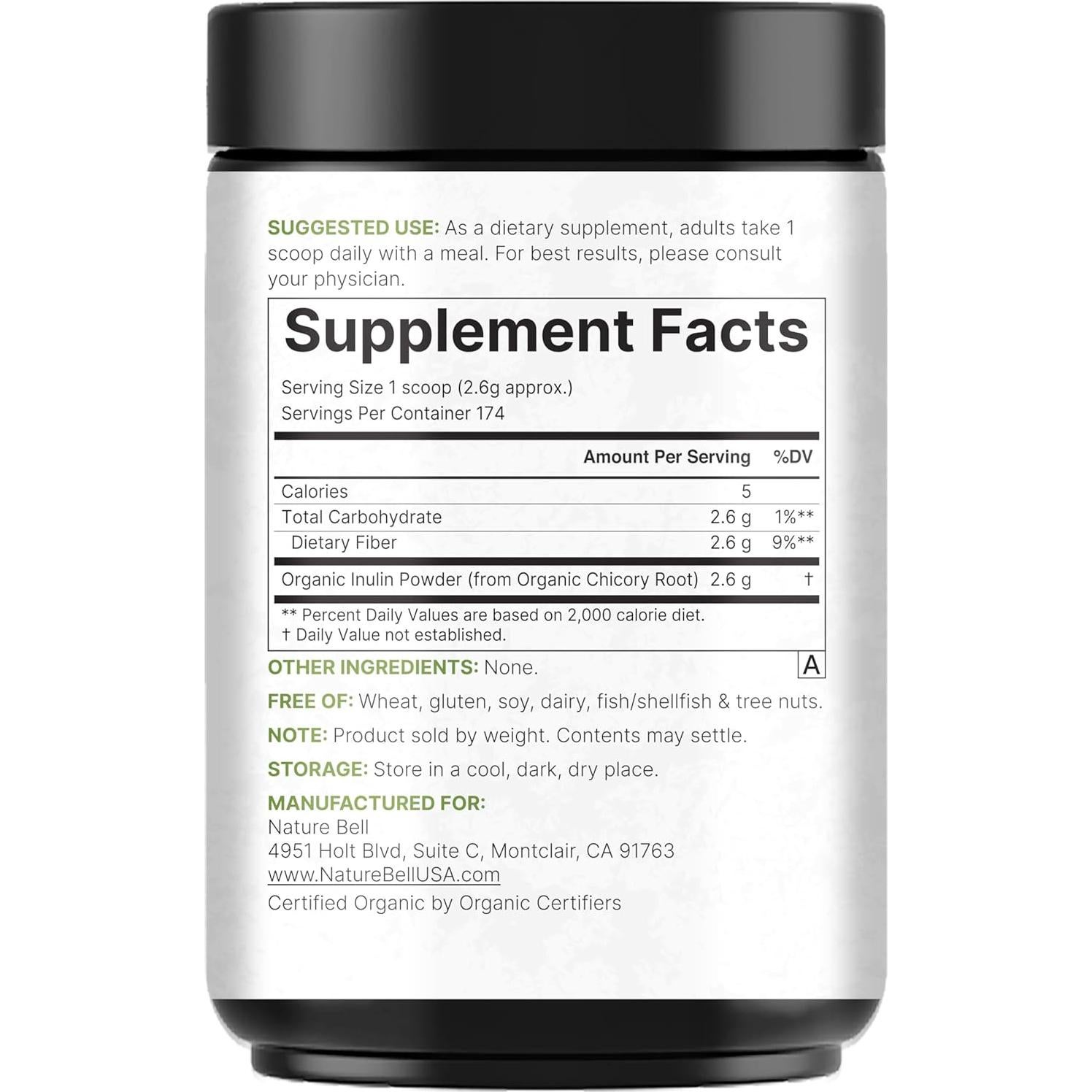 Polvo de fibra prebiotica inulina orgánica NatureBell 454g