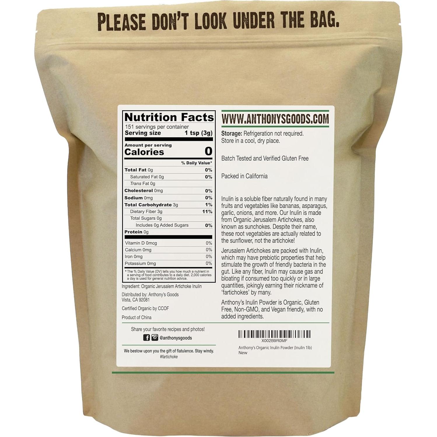 Polvo de Inulina Orgánica Anthony's 450g - Suplemento Natural