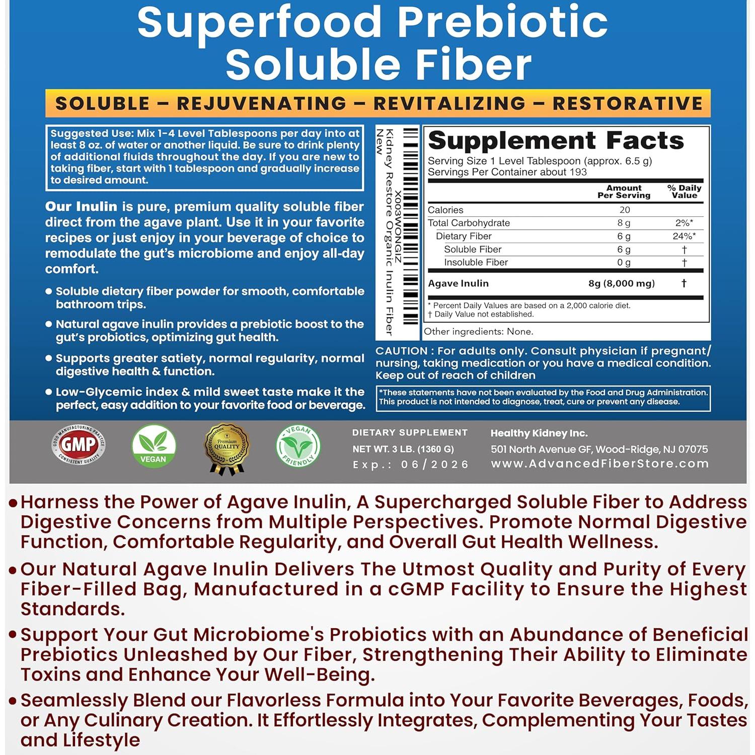 Polvo de Inulina Orgánica 1360g - Suplemento Digestivo Agave