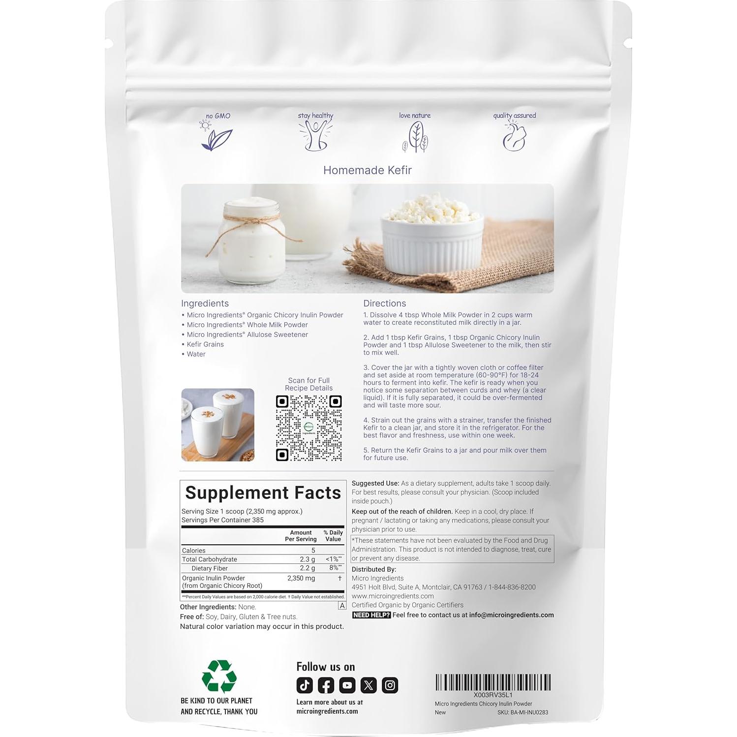 Polvo de Inulina Orgánica Micro Ingredients 0.91kg - Prebiótico Natural
