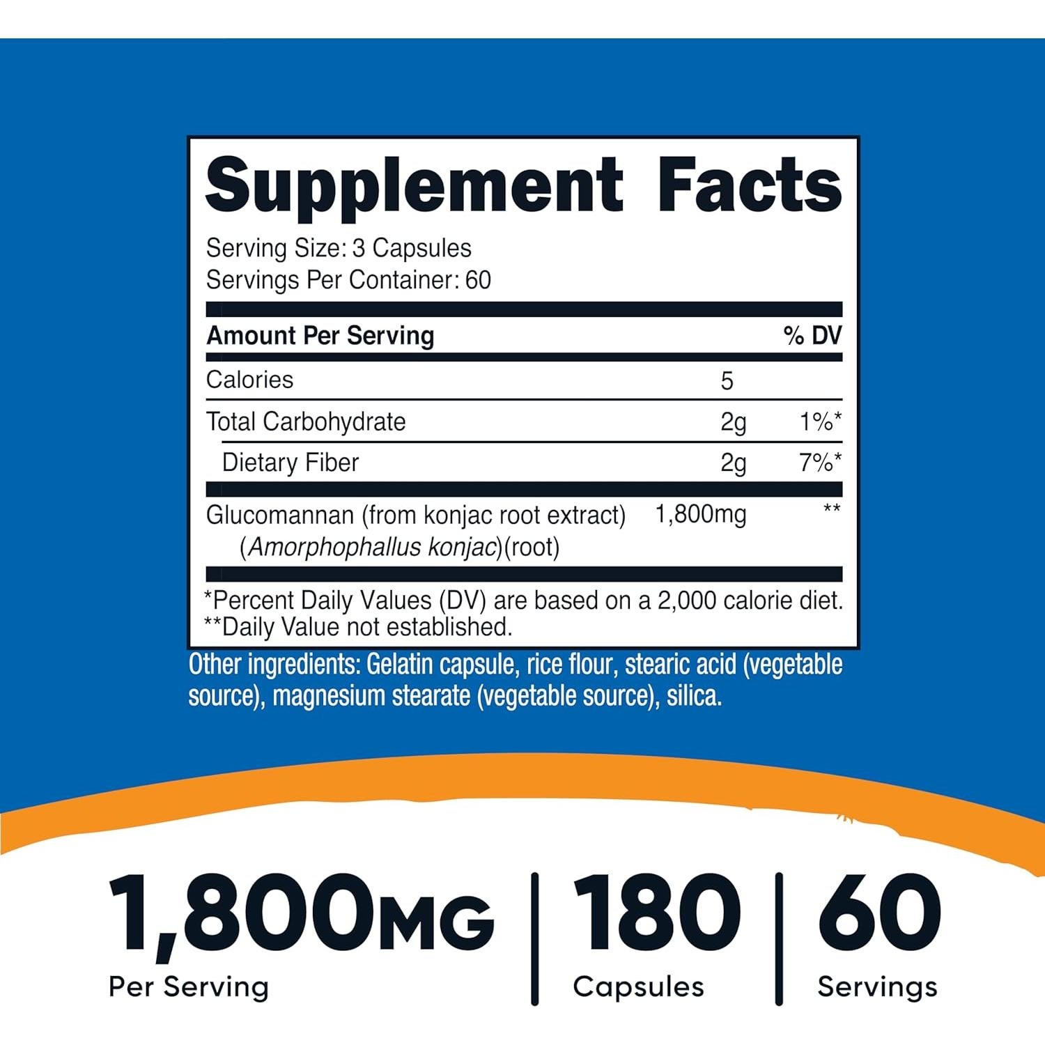 Glucomannan Nutricost 1800mg 180 Cápsulas Veganas Sin Gluten