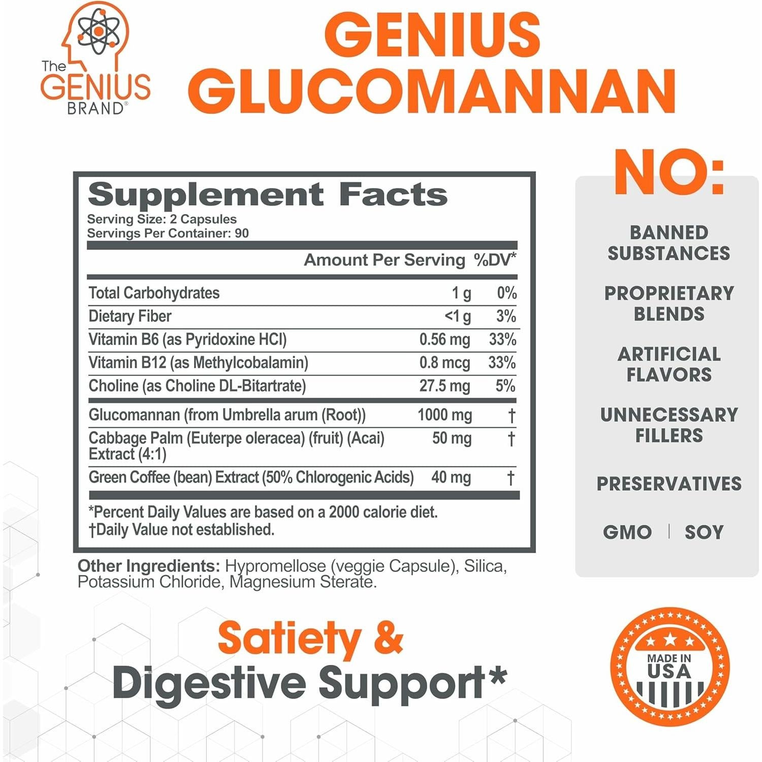 Glucomannan Genius - 180 Cápsulas Veganas para Digestión y Saciedad