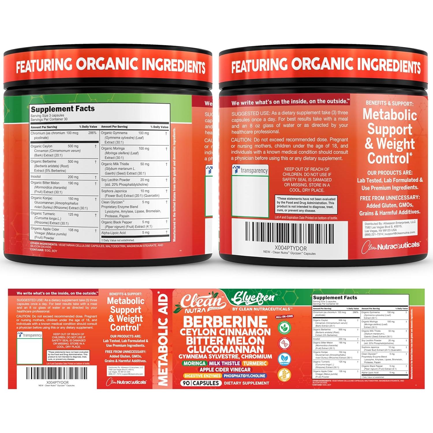 Suplemento de Berberina y Canela Clean Nutraceuticals 90 Cápsulas