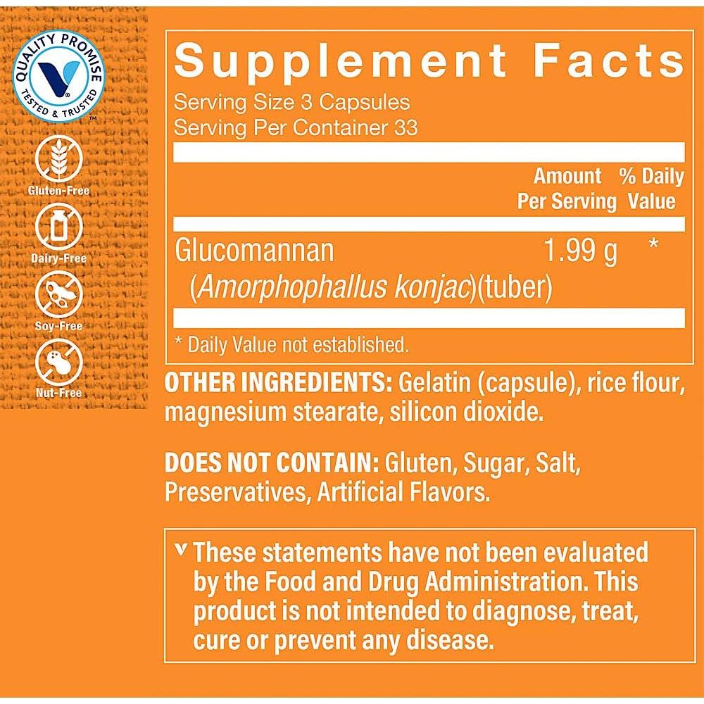 Glucomannan The Vitamin Shoppe 100 Cápsulas 1.99g Fibra