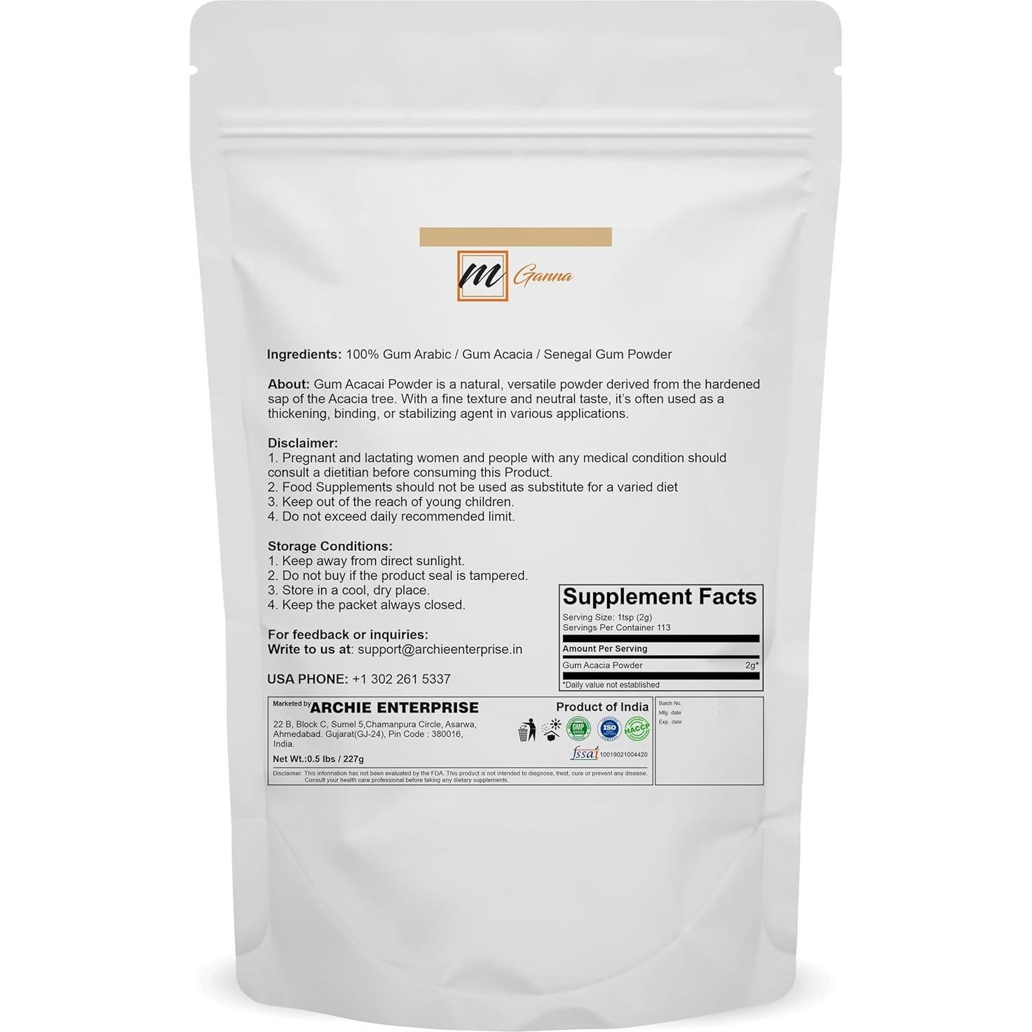 Goma Acacia mGanna 227 g - Fibra Prebiótica Natural Grado Alimentario