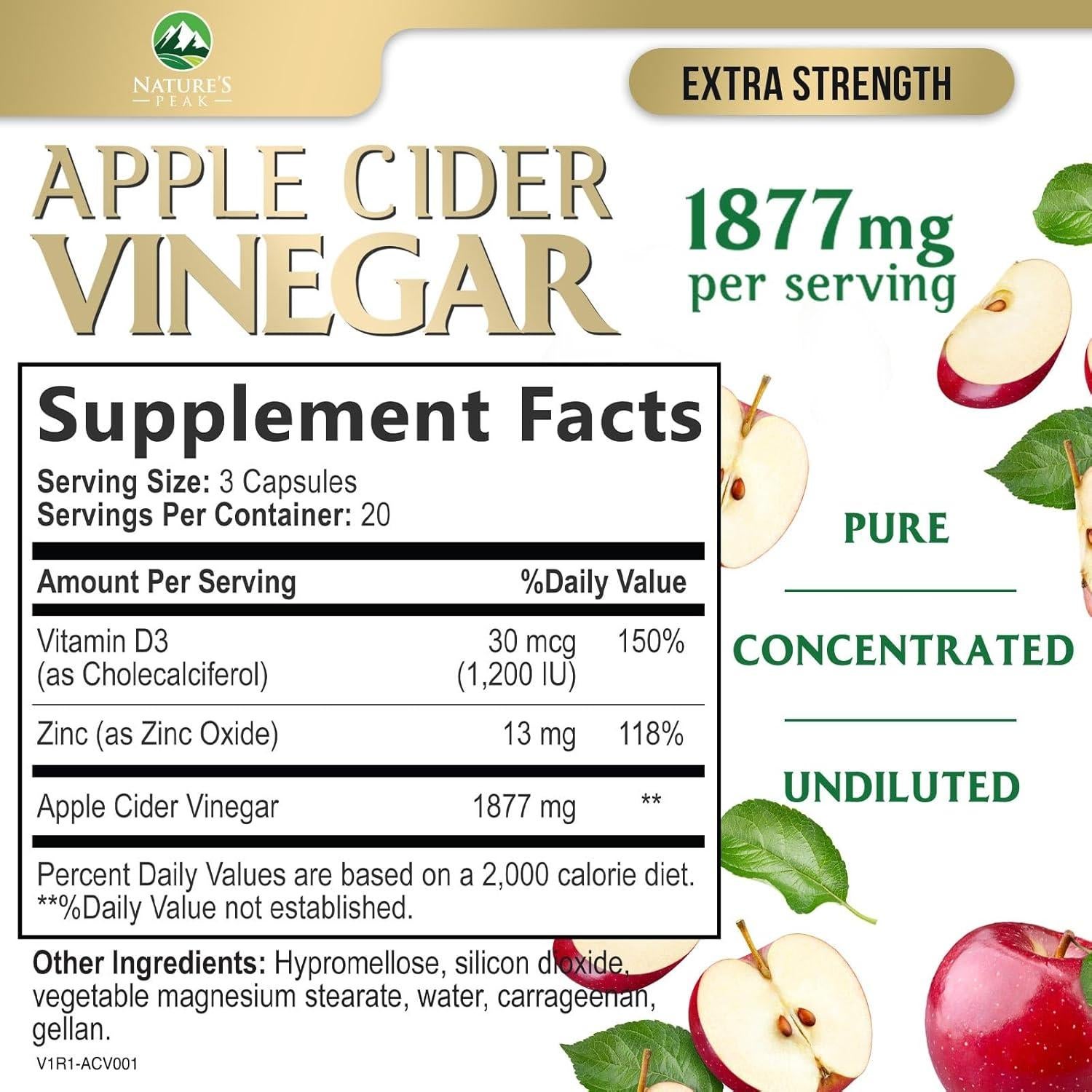 Cápsulas de Vinagre de Sidra de Manzana Nature's Peak 1877mg 60 Unidades
