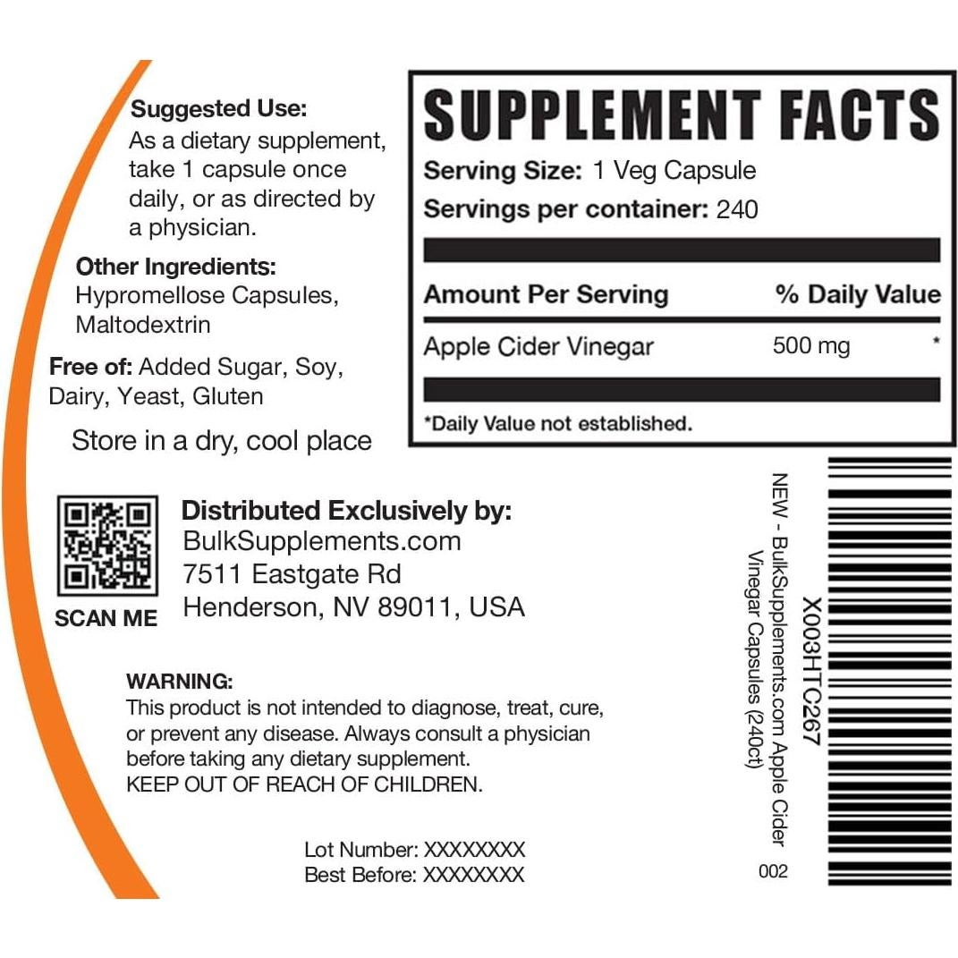 Cápsulas de Vinagre de Manzana BulkSupplements 500mg - 240 Unidades