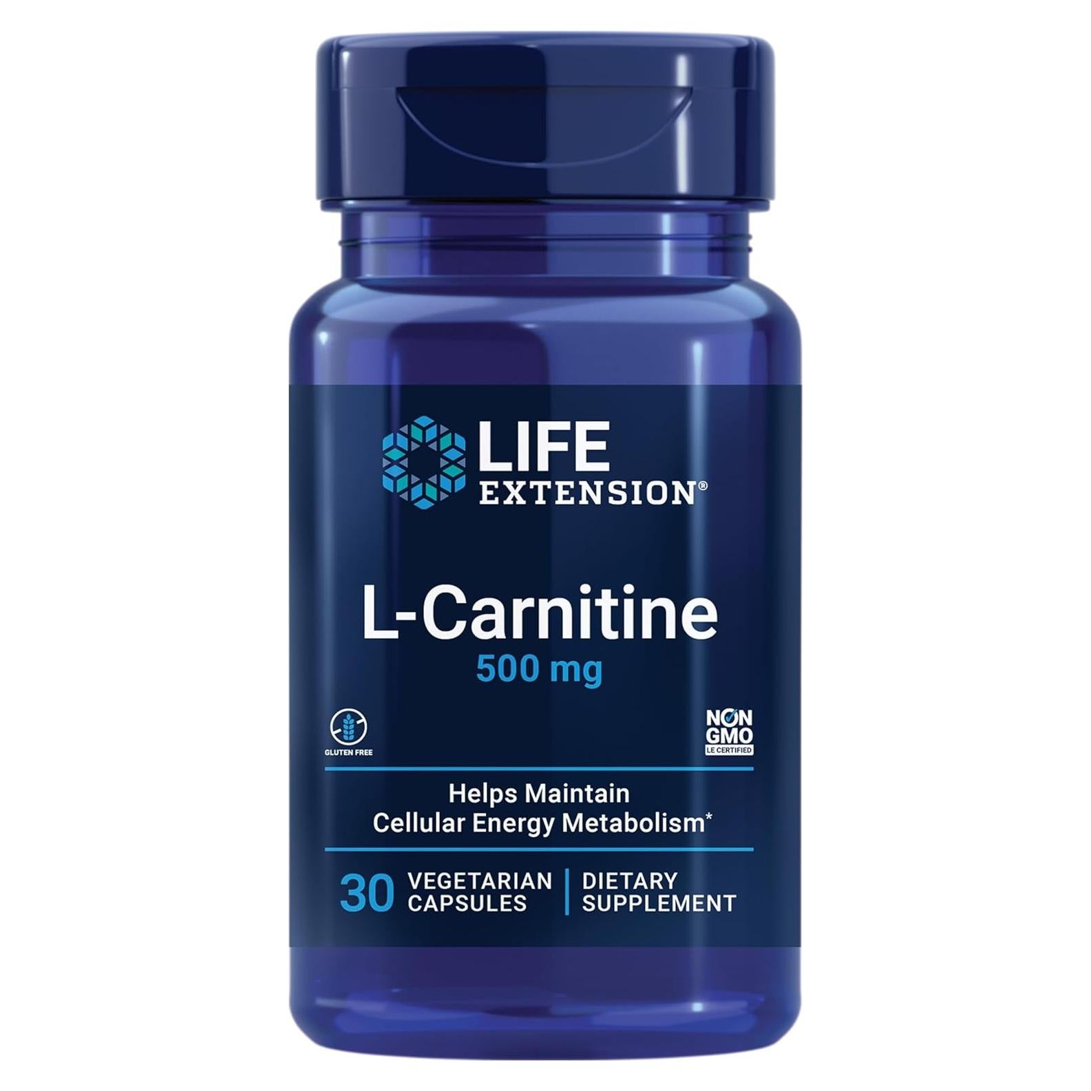 L-Carnitina Life Extension 500 mg - Suplemento Energético 30 Cápsulas