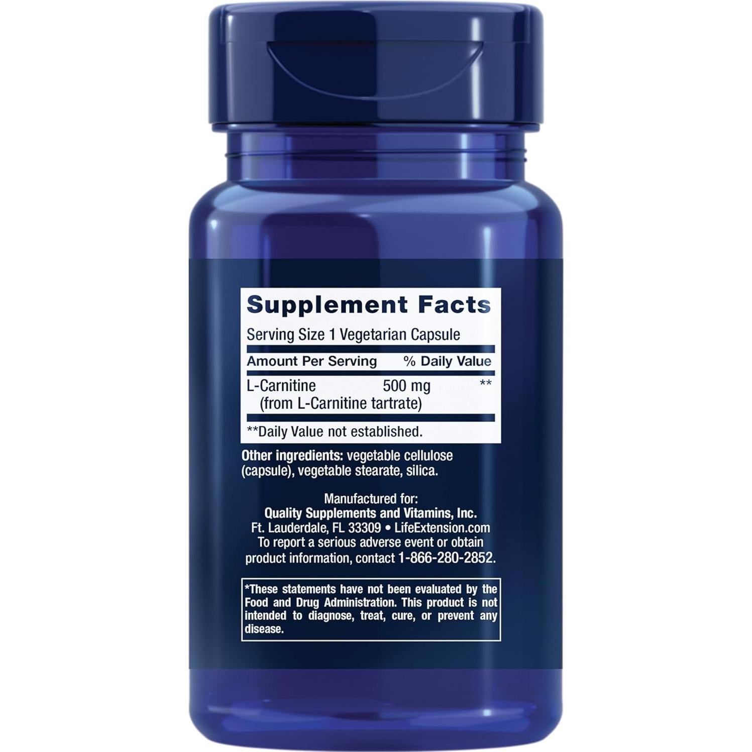 L-Carnitina Life Extension 500 mg - Suplemento Energético 30 Cápsulas