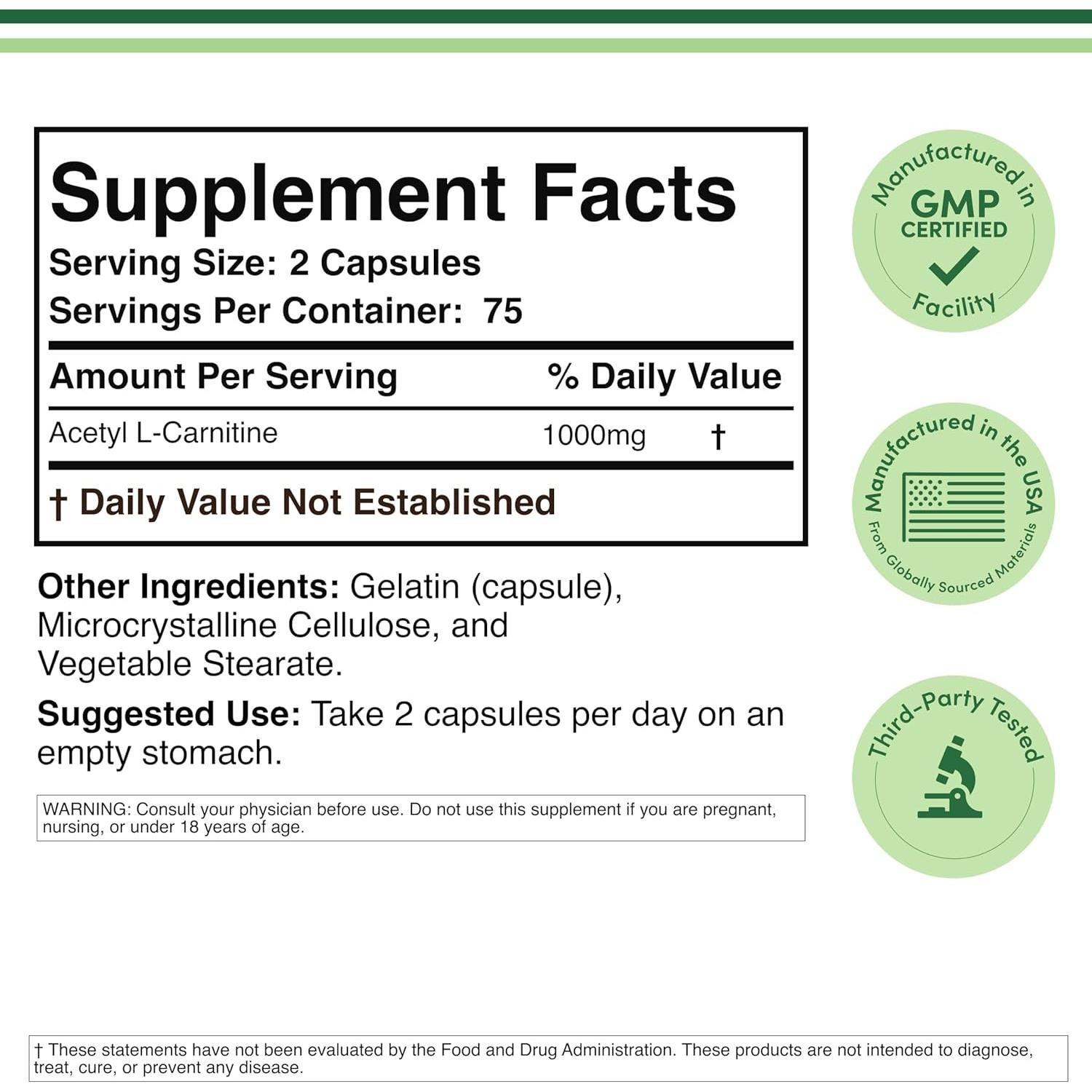 Acetil L-Carnitina 1000mg Double Wood 150 Cápsulas