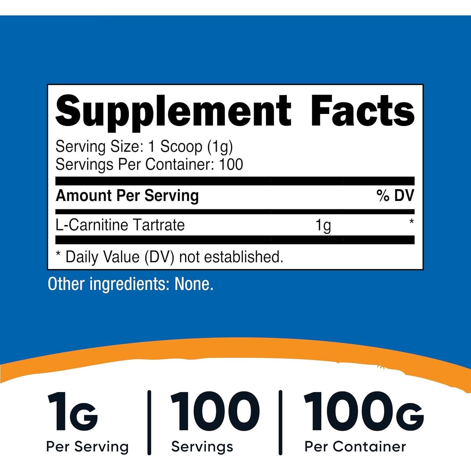 L-Carnitina Tartrato en Polvo Nutricost 100g - 100 Porciones