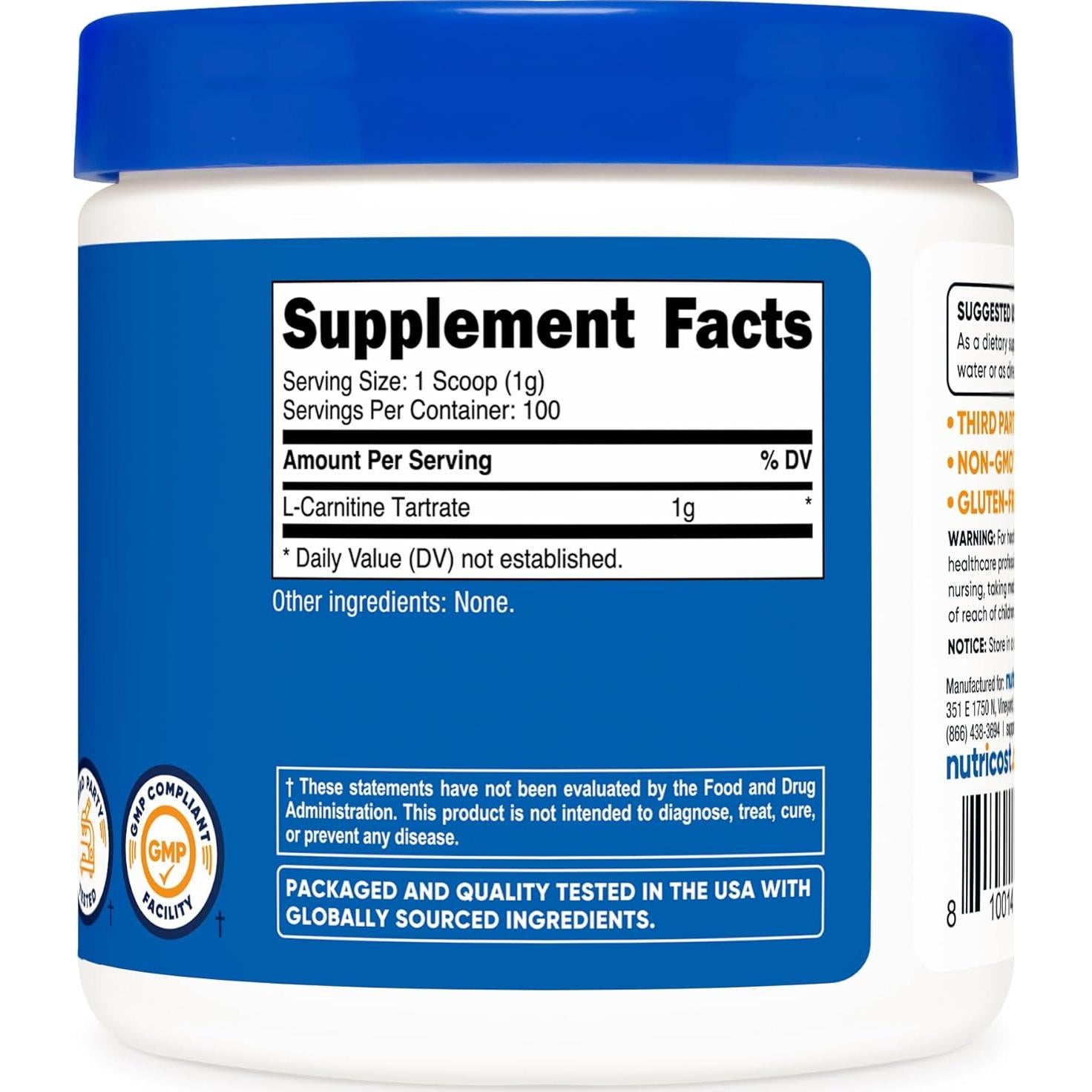 L-Carnitina Tartrato en Polvo Nutricost 100g - 100 Porciones