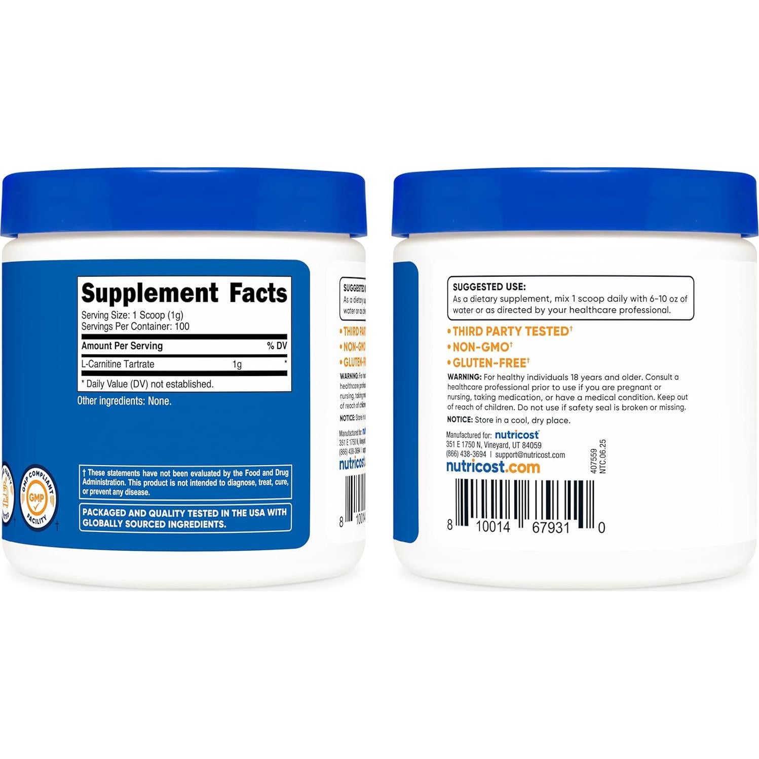 L-Carnitina Tartrato en Polvo Nutricost 100g - 100 Porciones