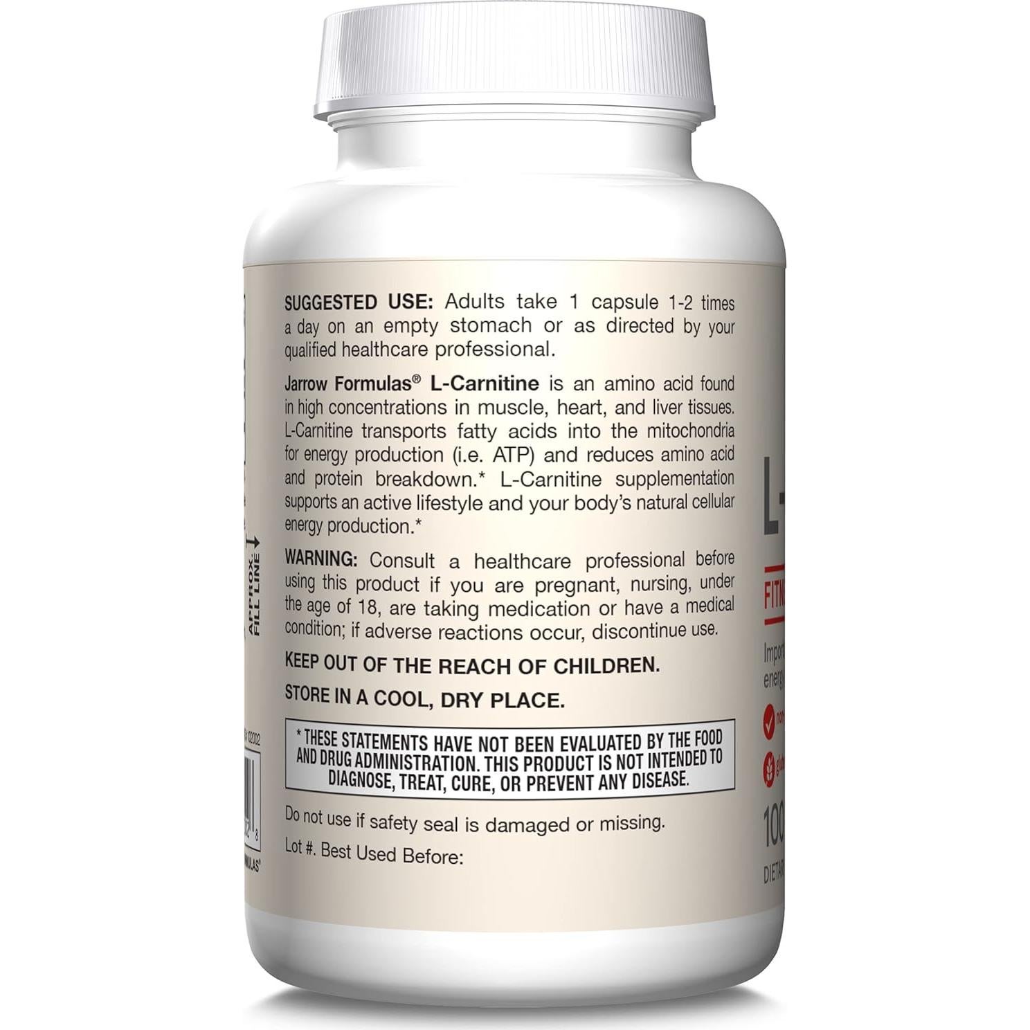 L-Carnitina 500 mg Jarrow Formulas 100 Cápsulas Vegetales