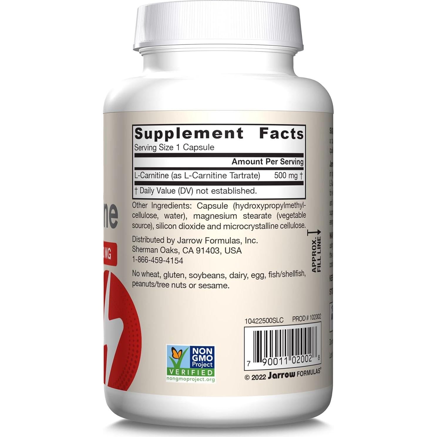 L-Carnitina 500 mg Jarrow Formulas 100 Cápsulas Vegetales